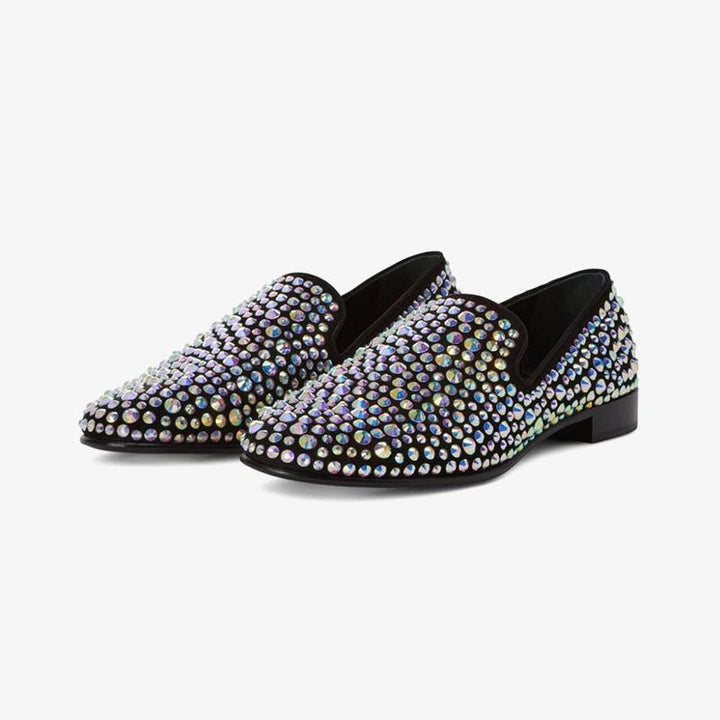 Black Suede Crystal-Embellished Loafers - Arno Conti Shoe