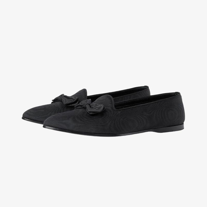 Black Fabric Pointed-Toe Loafers with Bow - Arno Conti Shoe