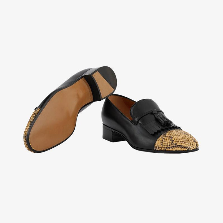 Black and Yellow Python Loafers with Fringe Detail - Arno Conti Shoe