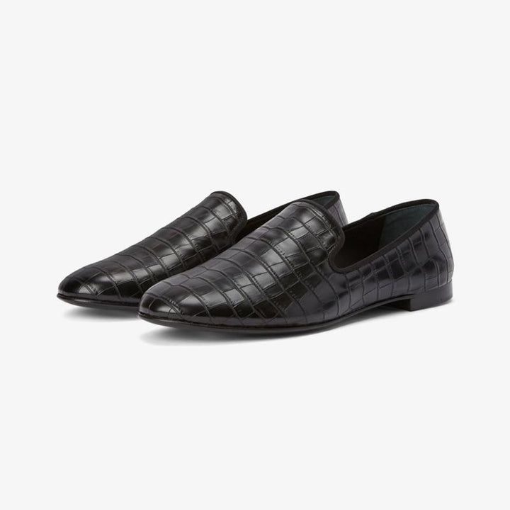 Black Embossed Leather Crocodile-Effect Loafers - Arno Conti Shoe