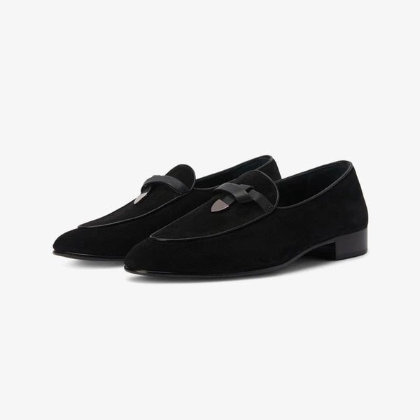 Jet Black Almond-Toe Suede Loafers - Arno Conti Shoe