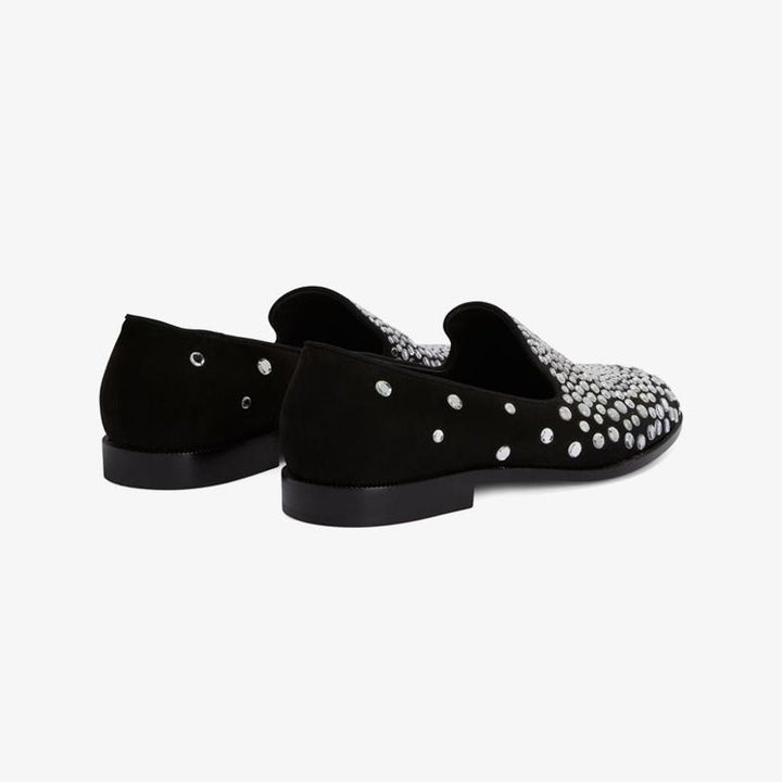 Core Black Suede Crystal-Embellished Loafers - Arno Conti Shoe