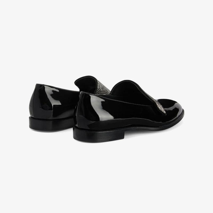 Jet Black Crystal-Embellished Patent Loafers - Arno Conti Shoe