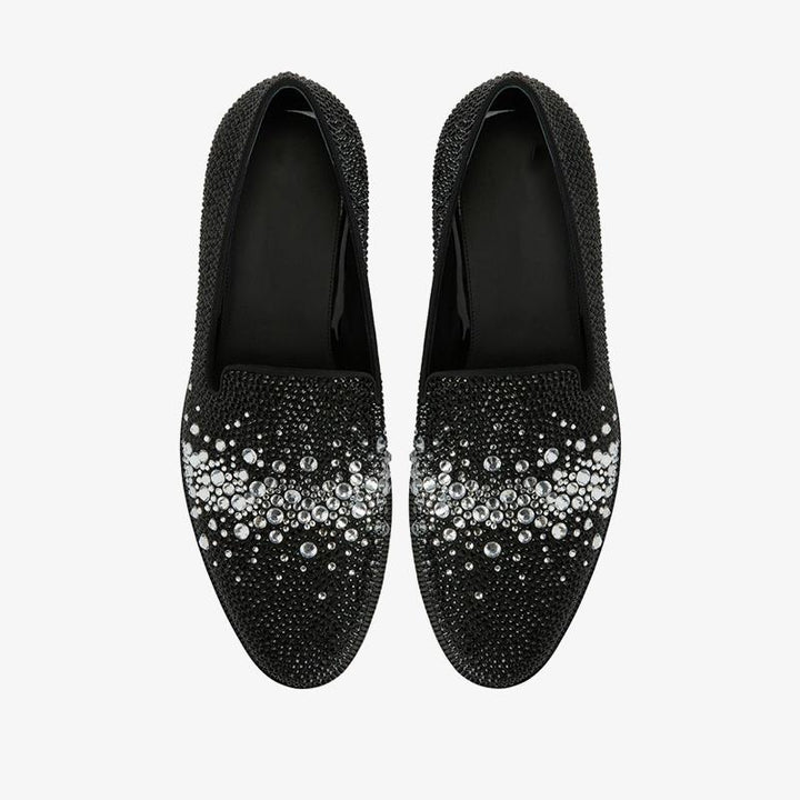 Black Suede Rhinestone-Embellished Loafers - Arno Conti Shoe