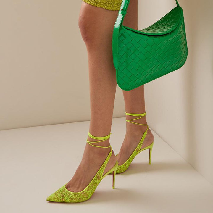 Fluo Yellow Lace Sandals with Stiletto Heel - ARNO CONTI