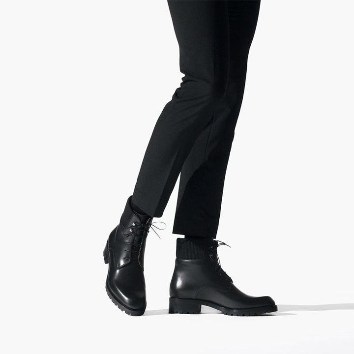 Black Patinated Calfskin Combat Boot with Grosgrain Trim - ARNO CONTI