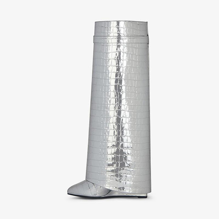 Sleek Silvery Crocodile-Embossed High Boots - Arno Conti Shoe