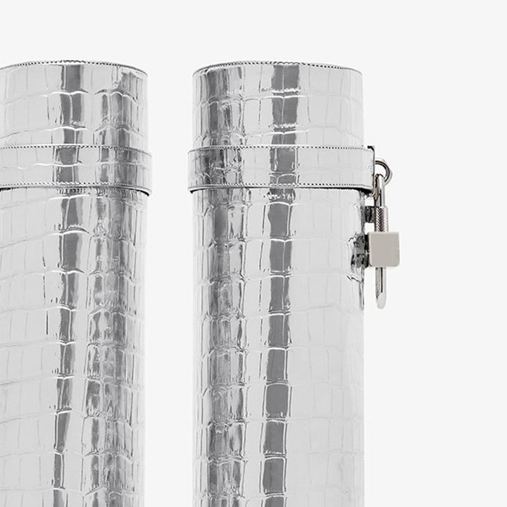 Sleek Silvery Crocodile-Embossed High Boots - Arno Conti Shoe