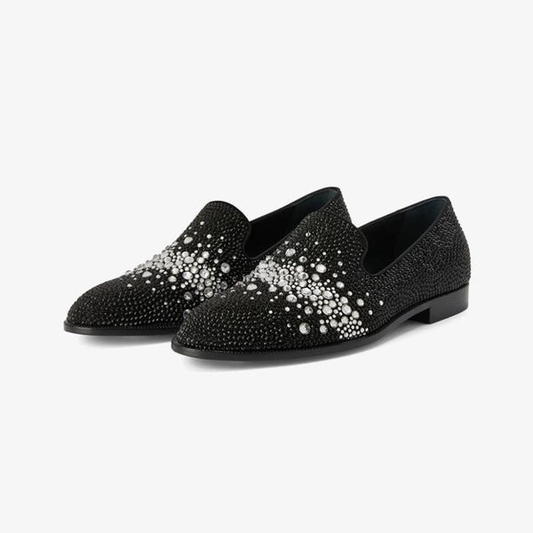 Black Suede Rhinestone-Embellished Loafers - Arno Conti Shoe