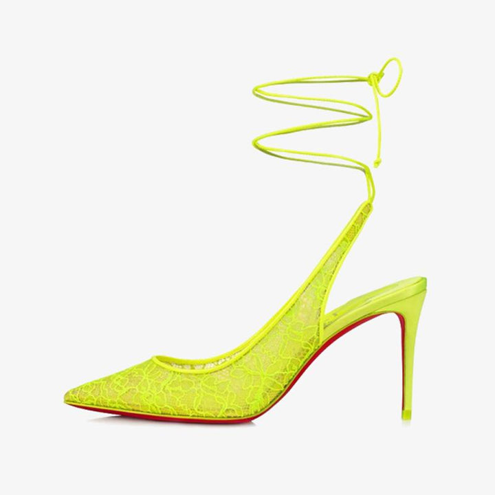 Fluo Yellow Lace Sandals with Stiletto Heel - ARNO CONTI